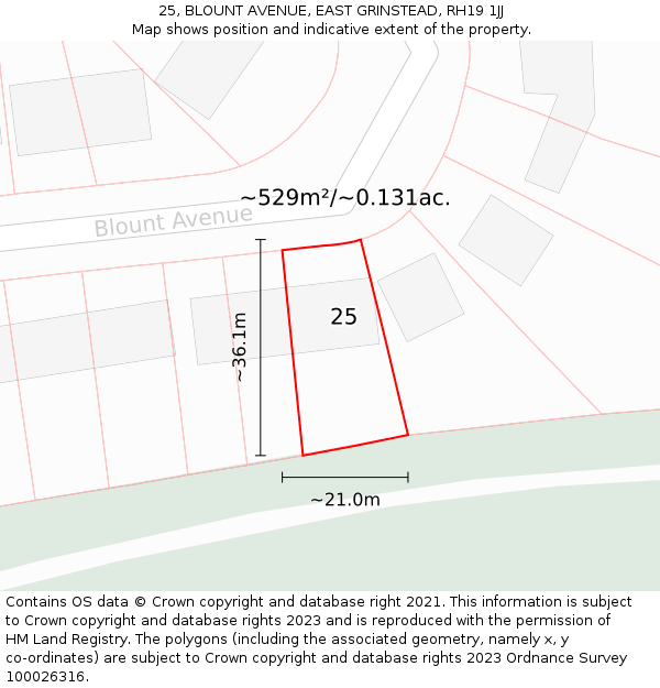 25, BLOUNT AVENUE, EAST GRINSTEAD, RH19 1JJ: Plot and title map