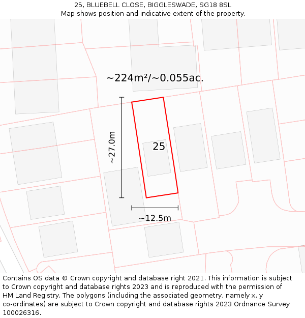 25, BLUEBELL CLOSE, BIGGLESWADE, SG18 8SL: Plot and title map