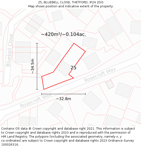 25, BLUEBELL CLOSE, THETFORD, IP24 2DG: Plot and title map