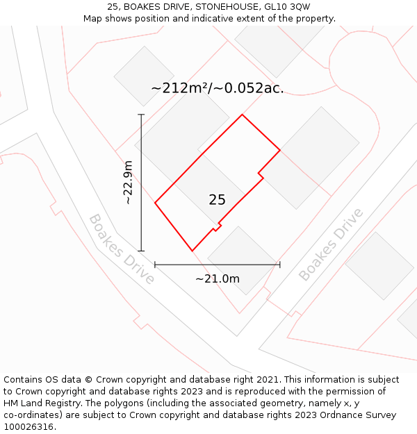 25, BOAKES DRIVE, STONEHOUSE, GL10 3QW: Plot and title map