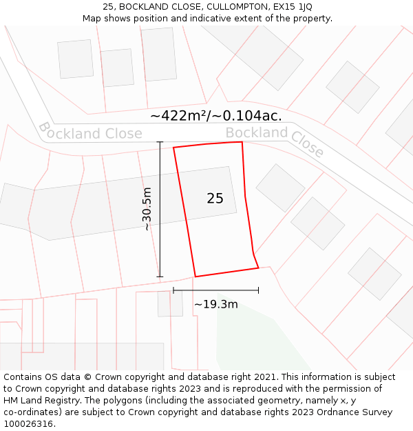 25, BOCKLAND CLOSE, CULLOMPTON, EX15 1JQ: Plot and title map