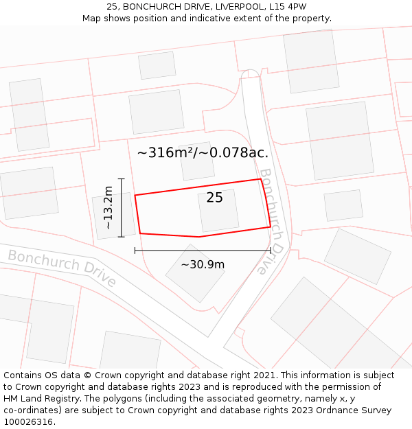 25, BONCHURCH DRIVE, LIVERPOOL, L15 4PW: Plot and title map