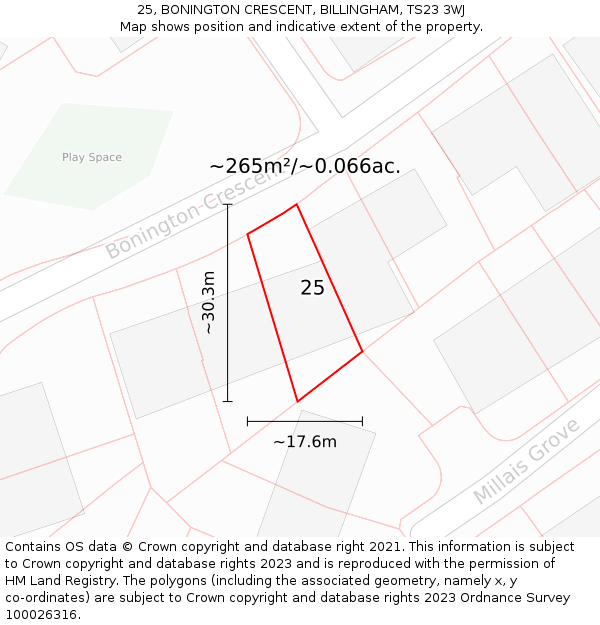 25, BONINGTON CRESCENT, BILLINGHAM, TS23 3WJ: Plot and title map