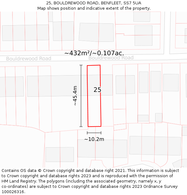 25, BOULDREWOOD ROAD, BENFLEET, SS7 5UA: Plot and title map