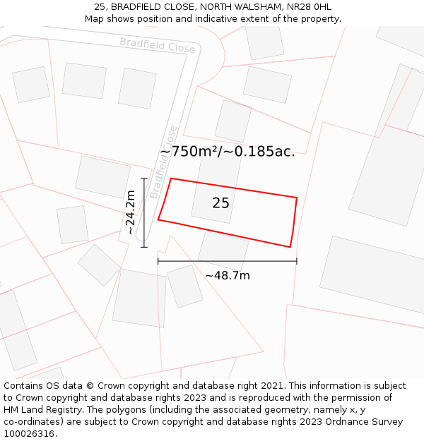 25, BRADFIELD CLOSE, NORTH WALSHAM, NR28 0HL: Plot and title map