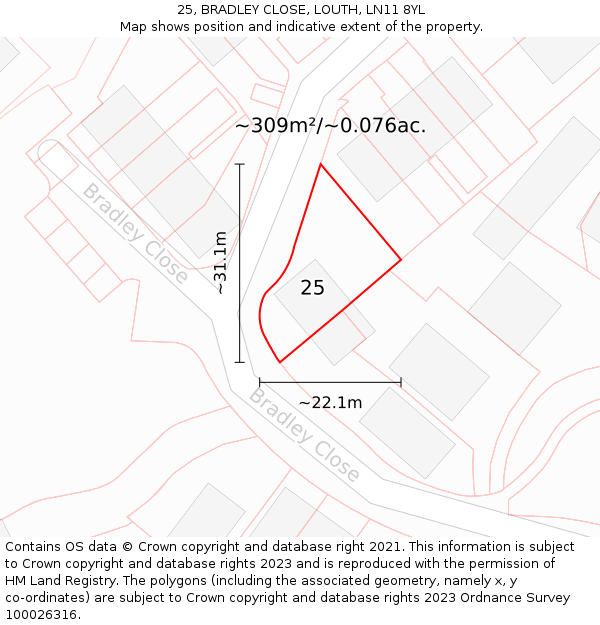 25, BRADLEY CLOSE, LOUTH, LN11 8YL: Plot and title map