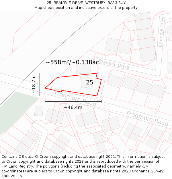 25, BRAMBLE DRIVE, WESTBURY, BA13 3UY: Plot and title map