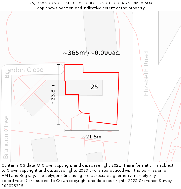 25, BRANDON CLOSE, CHAFFORD HUNDRED, GRAYS, RM16 6QX: Plot and title map