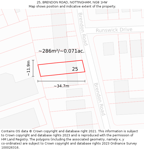 25, BRENDON ROAD, NOTTINGHAM, NG8 1HW: Plot and title map