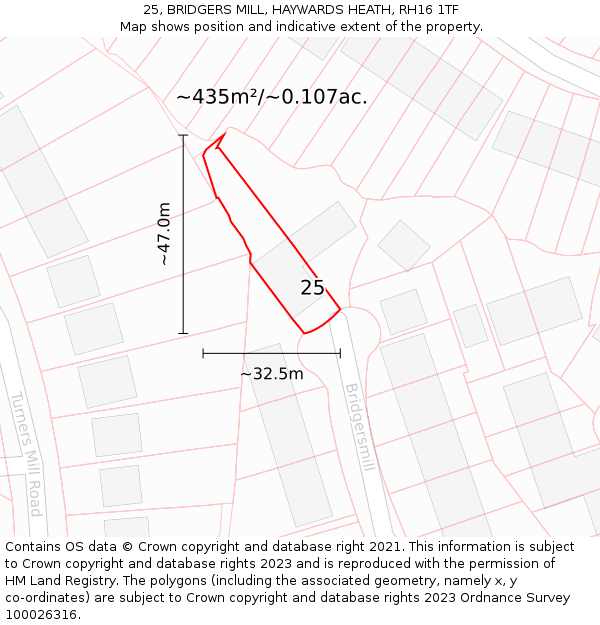 25, BRIDGERS MILL, HAYWARDS HEATH, RH16 1TF: Plot and title map