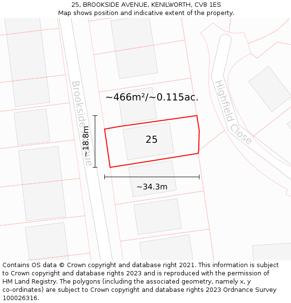 25, BROOKSIDE AVENUE, KENILWORTH, CV8 1ES: Plot and title map