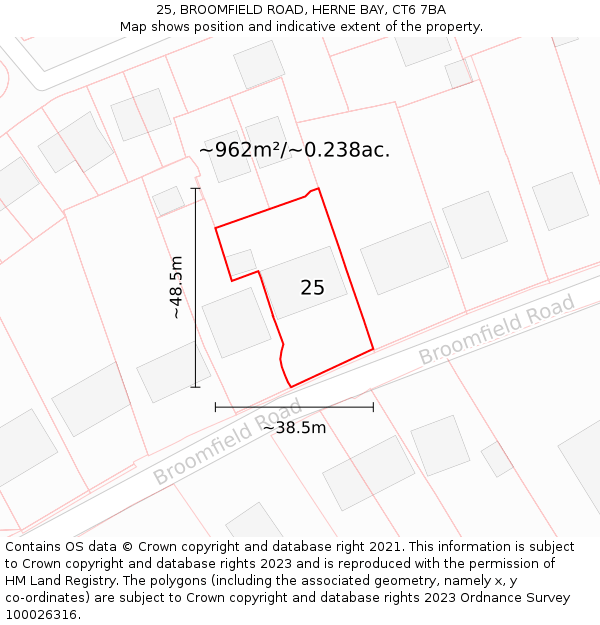 25, BROOMFIELD ROAD, HERNE BAY, CT6 7BA: Plot and title map