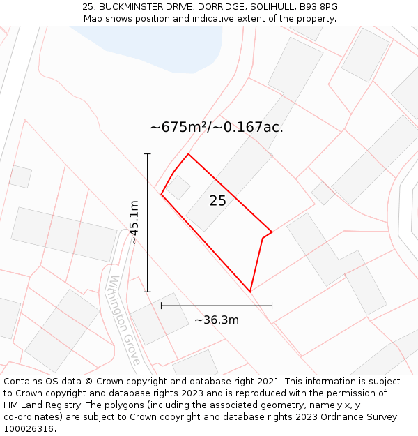 25, BUCKMINSTER DRIVE, DORRIDGE, SOLIHULL, B93 8PG: Plot and title map