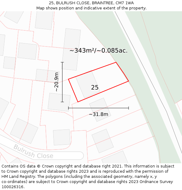 25, BULRUSH CLOSE, BRAINTREE, CM7 1WA: Plot and title map