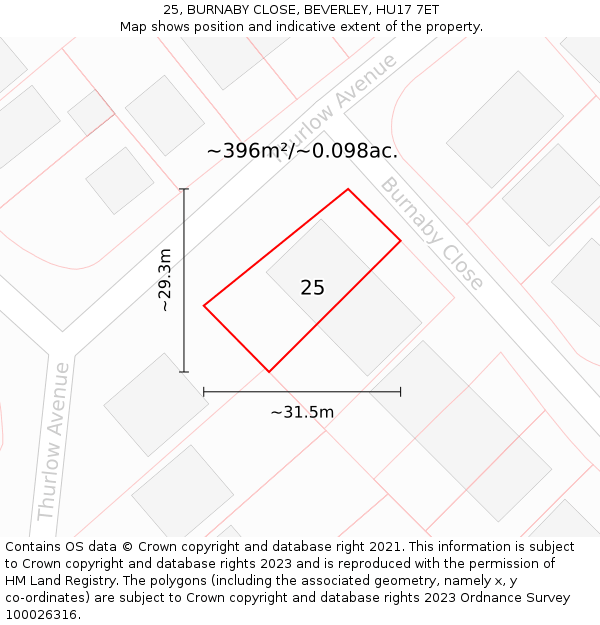 25, BURNABY CLOSE, BEVERLEY, HU17 7ET: Plot and title map