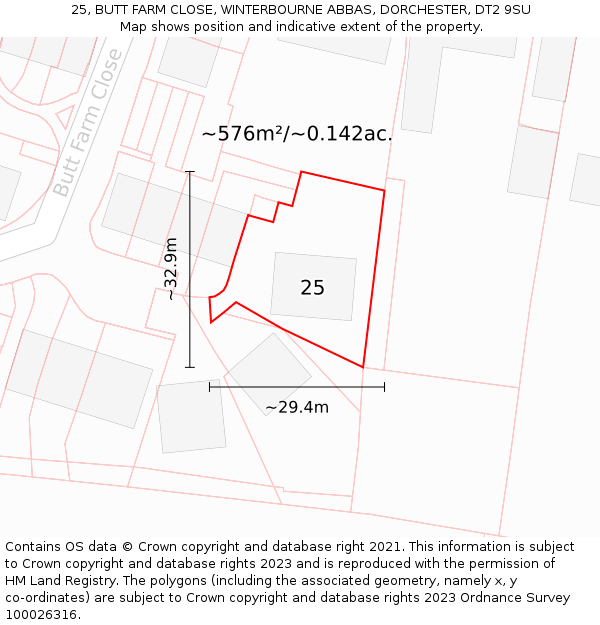 25, BUTT FARM CLOSE, WINTERBOURNE ABBAS, DORCHESTER, DT2 9SU: Plot and title map