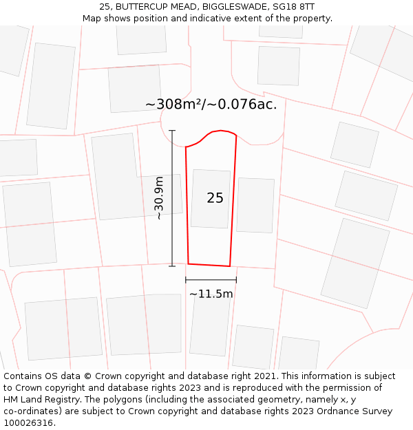 25, BUTTERCUP MEAD, BIGGLESWADE, SG18 8TT: Plot and title map