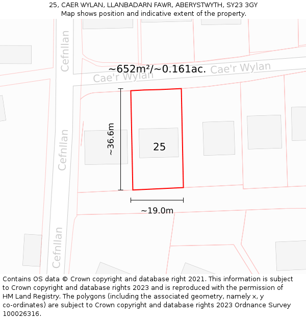 25, CAER WYLAN, LLANBADARN FAWR, ABERYSTWYTH, SY23 3GY: Plot and title map