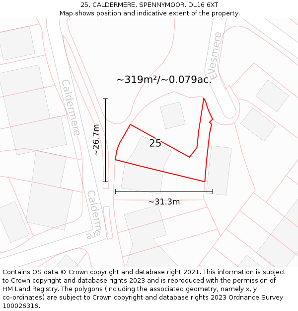 25, CALDERMERE, SPENNYMOOR, DL16 6XT: Plot and title map