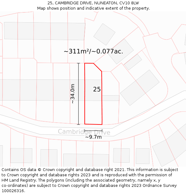 25, CAMBRIDGE DRIVE, NUNEATON, CV10 8LW: Plot and title map