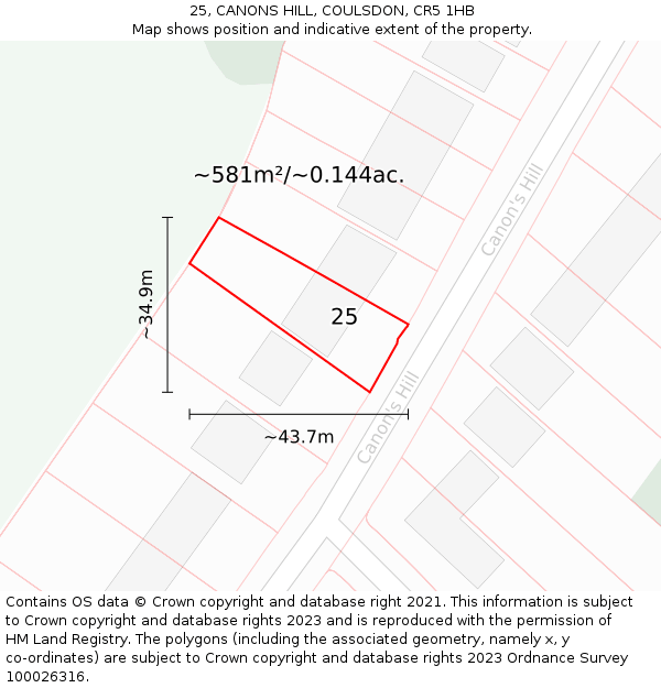 25, CANONS HILL, COULSDON, CR5 1HB: Plot and title map