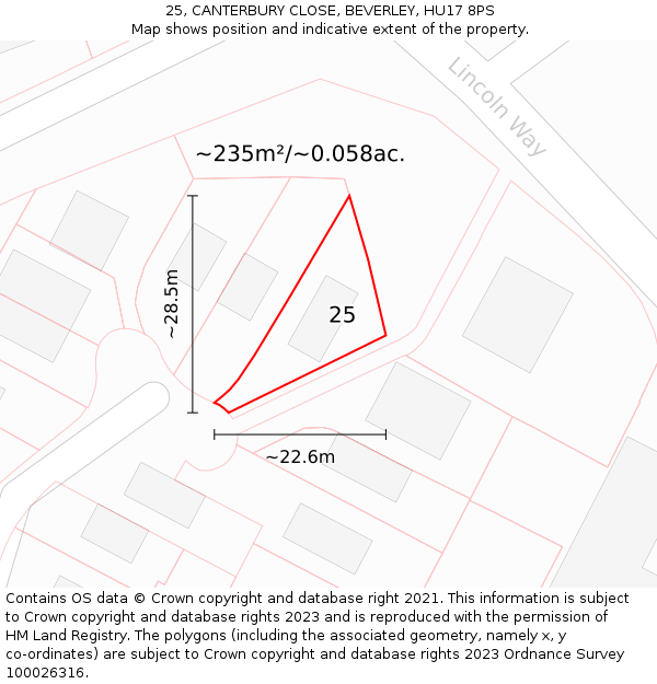 25, CANTERBURY CLOSE, BEVERLEY, HU17 8PS: Plot and title map