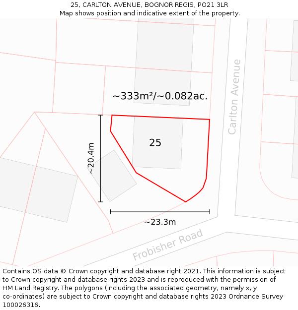 25, CARLTON AVENUE, BOGNOR REGIS, PO21 3LR: Plot and title map