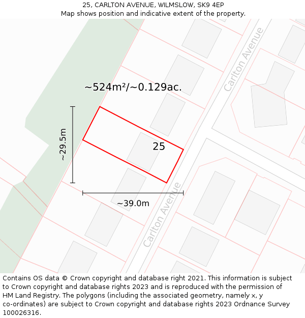 25, CARLTON AVENUE, WILMSLOW, SK9 4EP: Plot and title map
