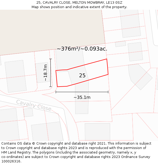 25, CAVALRY CLOSE, MELTON MOWBRAY, LE13 0SZ: Plot and title map