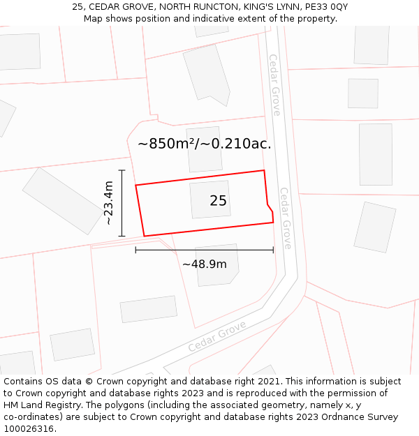 25, CEDAR GROVE, NORTH RUNCTON, KING'S LYNN, PE33 0QY: Plot and title map