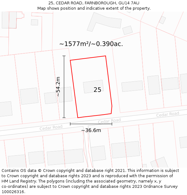 25, CEDAR ROAD, FARNBOROUGH, GU14 7AU: Plot and title map