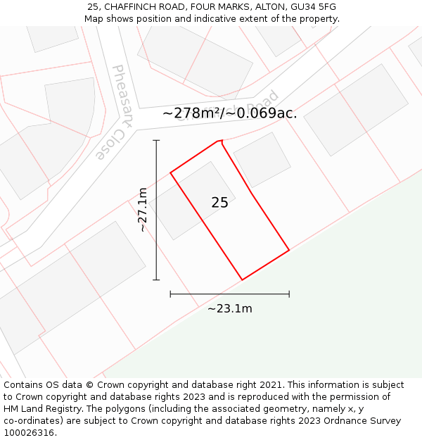 25, CHAFFINCH ROAD, FOUR MARKS, ALTON, GU34 5FG: Plot and title map