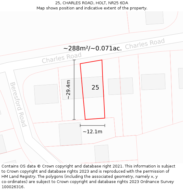 25, CHARLES ROAD, HOLT, NR25 6DA: Plot and title map