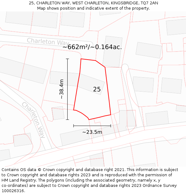 25, CHARLETON WAY, WEST CHARLETON, KINGSBRIDGE, TQ7 2AN: Plot and title map