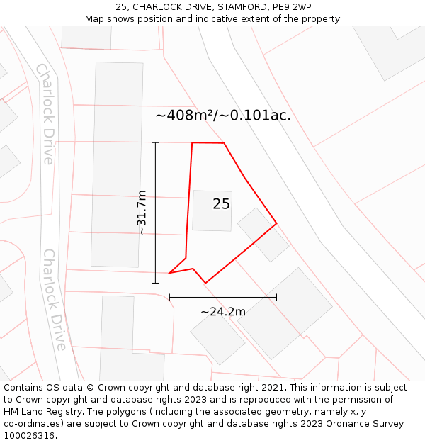 25, CHARLOCK DRIVE, STAMFORD, PE9 2WP: Plot and title map