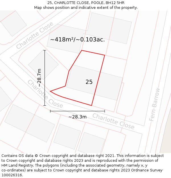 25, CHARLOTTE CLOSE, POOLE, BH12 5HR: Plot and title map