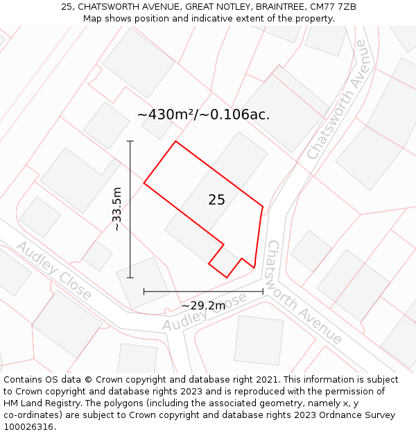 25, CHATSWORTH AVENUE, GREAT NOTLEY, BRAINTREE, CM77 7ZB: Plot and title map