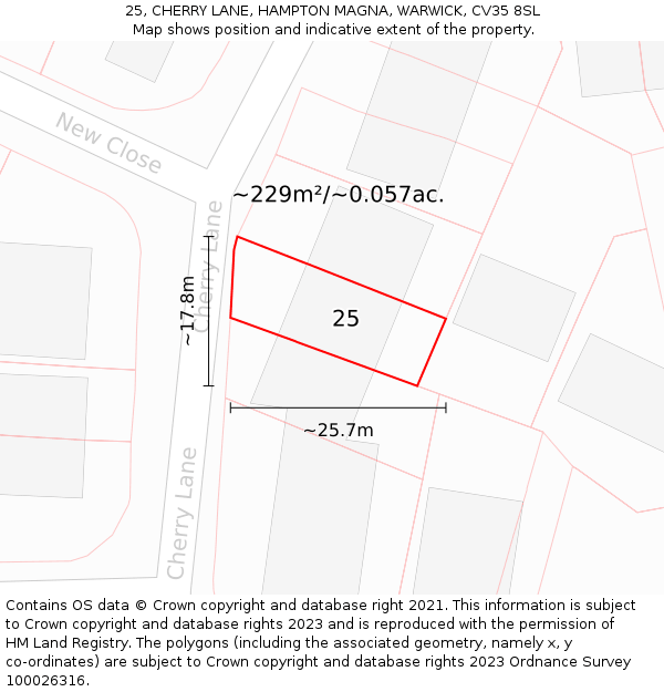 25, CHERRY LANE, HAMPTON MAGNA, WARWICK, CV35 8SL: Plot and title map