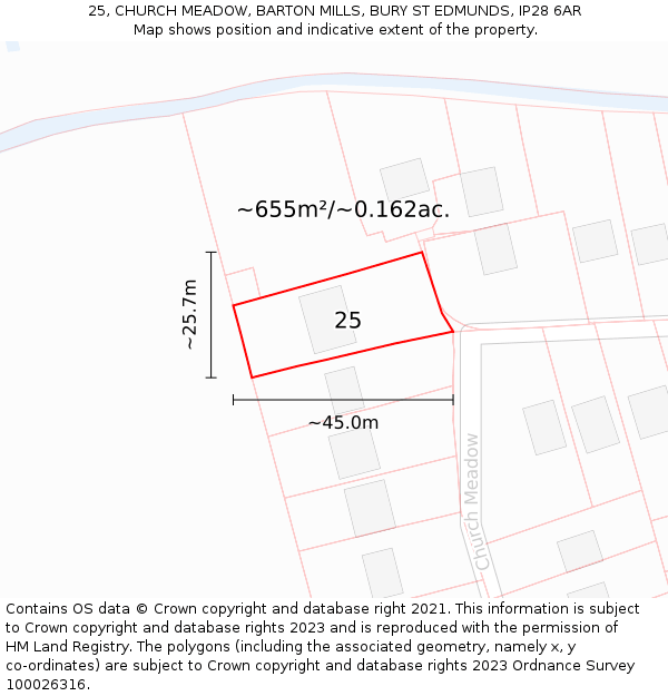 25, CHURCH MEADOW, BARTON MILLS, BURY ST EDMUNDS, IP28 6AR: Plot and title map