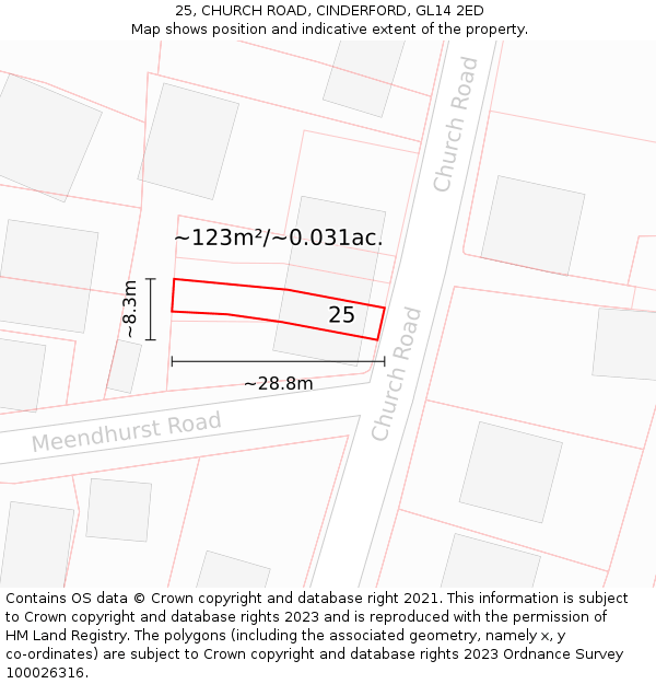 25, CHURCH ROAD, CINDERFORD, GL14 2ED: Plot and title map