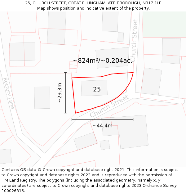 25, CHURCH STREET, GREAT ELLINGHAM, ATTLEBOROUGH, NR17 1LE: Plot and title map