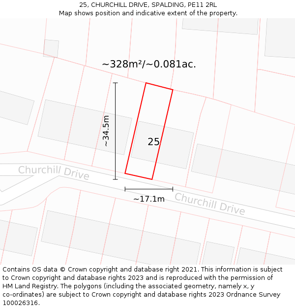 25, CHURCHILL DRIVE, SPALDING, PE11 2RL: Plot and title map