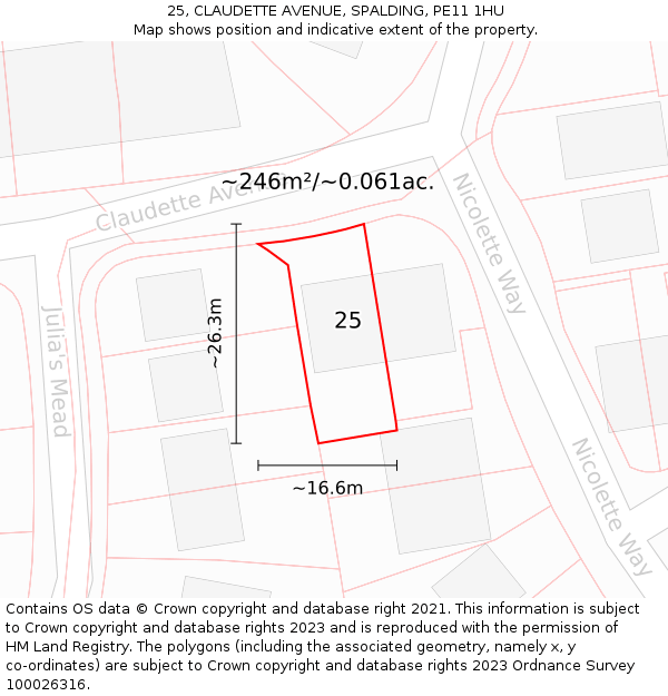 25, CLAUDETTE AVENUE, SPALDING, PE11 1HU: Plot and title map