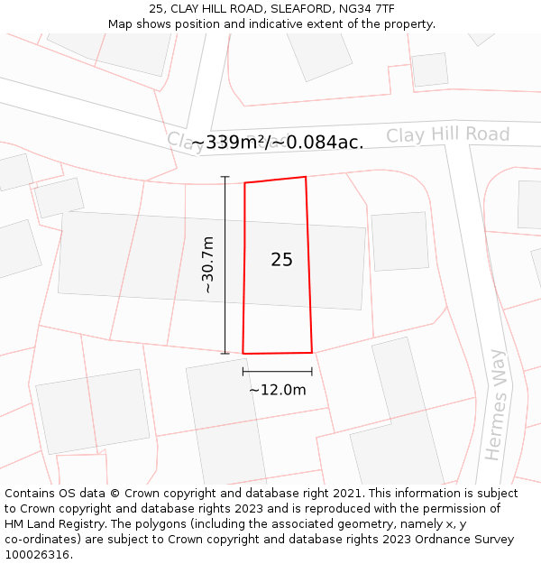 25, CLAY HILL ROAD, SLEAFORD, NG34 7TF: Plot and title map