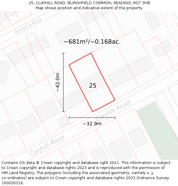 25, CLAYHILL ROAD, BURGHFIELD COMMON, READING, RG7 3HB: Plot and title map