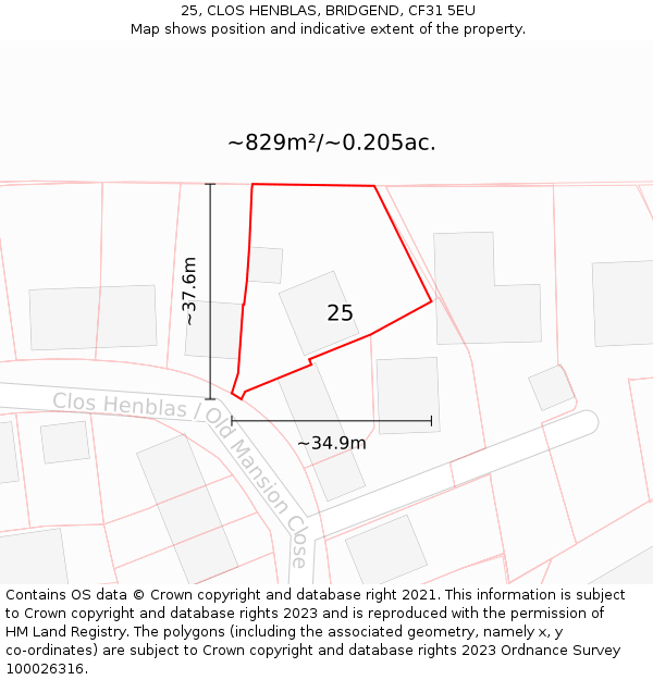 25, CLOS HENBLAS, BRIDGEND, CF31 5EU: Plot and title map