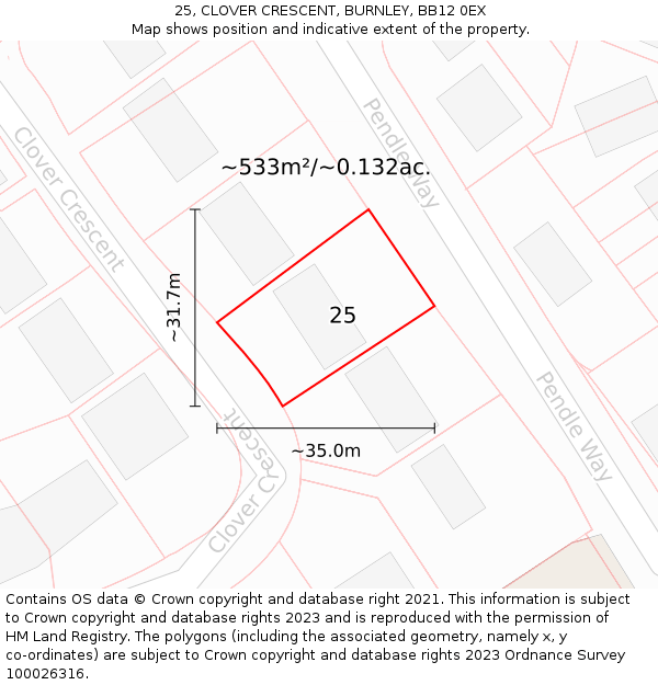 25, CLOVER CRESCENT, BURNLEY, BB12 0EX: Plot and title map