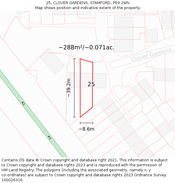 25, CLOVER GARDENS, STAMFORD, PE9 2WN: Plot and title map