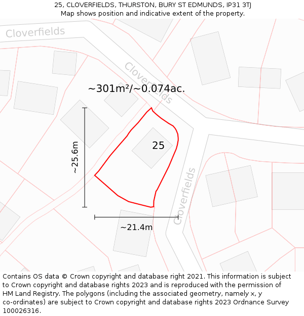 25, CLOVERFIELDS, THURSTON, BURY ST EDMUNDS, IP31 3TJ: Plot and title map