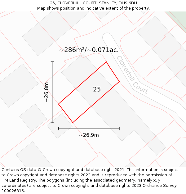 25, CLOVERHILL COURT, STANLEY, DH9 6BU: Plot and title map